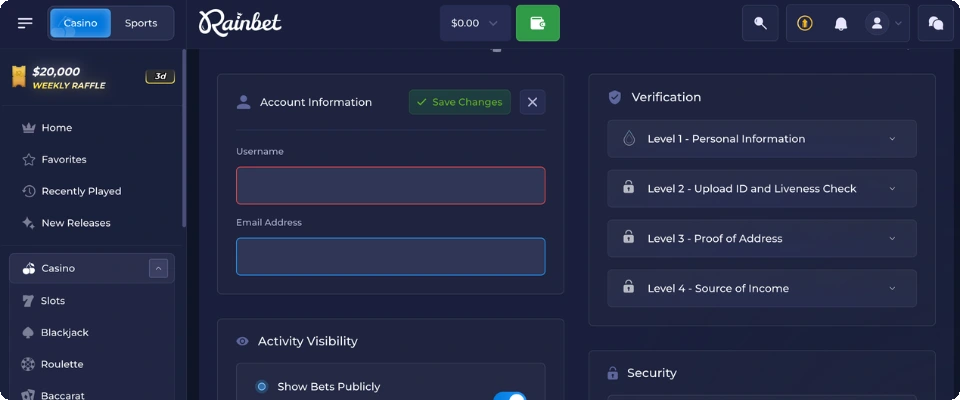 Modifica informazioni account Rainbet