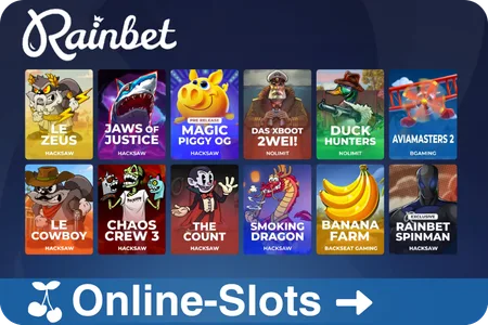 Online-Slots im RainBet Casino – Spielauswahl mit Le Zeus, Jaws of Justice, Duck Hunters und weiteren Hacksaw- und Nolimit-Titeln