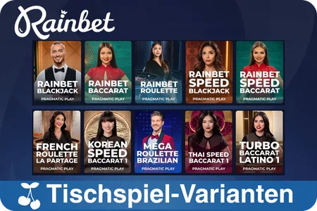 Tischspiel-Varianten im Casino RainBet – Live-Dealer-Tische mit Blackjack, Baccarat und Roulette von Pragmatic Play