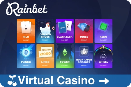 Virtual Casino bei Rain Bet Casino – RainBet Originals mit Hilo, Blackjack, Mines, Plinko, Limbo, Keno, Wheel und Rock Paper Scissors