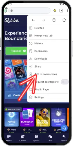 Rainbet App aggiungi alla schermata home