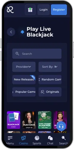 Rainbet aplikace sekce Blackjack