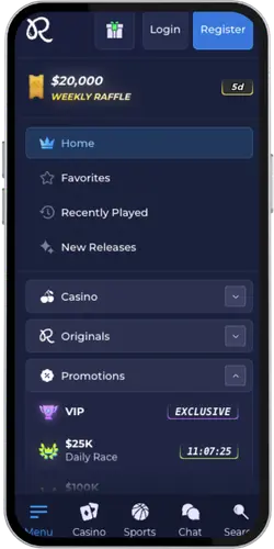 Rainbet aplikace menu