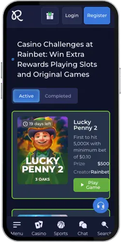 Rainbet aplikace sekce výzvy