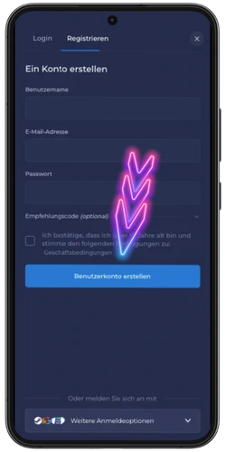 Konto erstellen im RainBet Casino – Registrierungsformular mit Benutzername, E-Mail-Adresse und Passwort