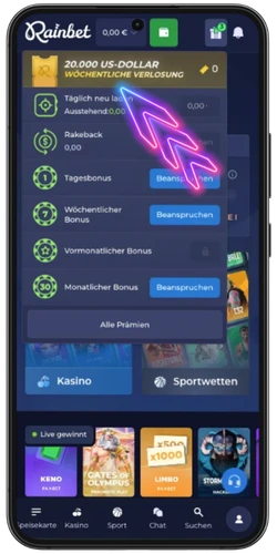 Willkommensbonus aktivieren im RainBet Casino – Bonusbereich mit Rakeback, Tagesbonus und wöchentlichen Prämien